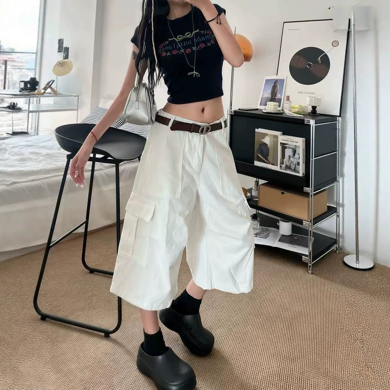 White High-Waisted Workwear Wide-Leg Cropped Jeans for Women, Summer Loose Fit, Slimming, Versatile A-Line Straight Mid-Length Pants, Trendy