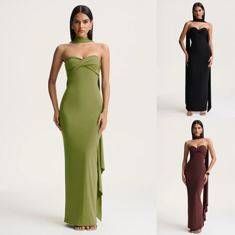 European and American Cross-Border Women's Fashion Summer New Style Halter Neck Ribbon Twist Weave Wrap Chest Backless Slim Fit Niche Long Dress Wholesale