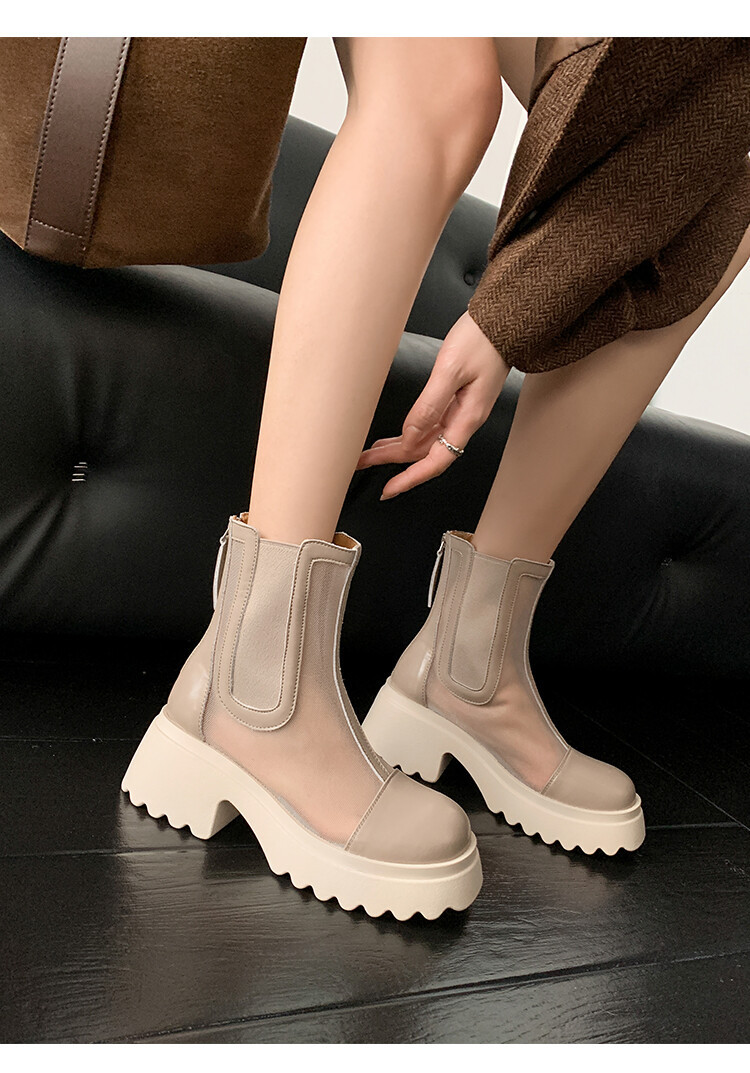 Boot ngắn nữ da bò mũi tròn đế dày thoáng khí khóa kéo sau — Màu đen, Màu mơ chi tiết 65