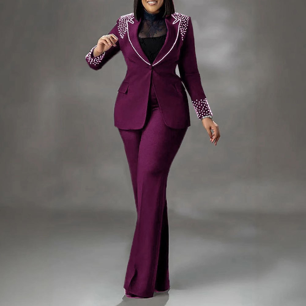 K3332 Women's European And American Style Pearl Embellished Slim Stretch Two Piece Suit Long Sleeved Regular Fit Summer Suit_ecoleips.com
