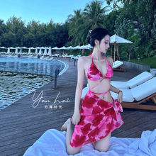 泳衣女ins风欧美辣妹扎染性感分体比基尼三件套披纱 温泉度假泳装