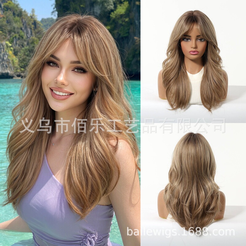 Women's Full Wig with Deep Root Gradient Honey Brown Layered Long Curly Hair, Heat-Resistant, Styleable, Realistic Scalp Synthetic Fiber