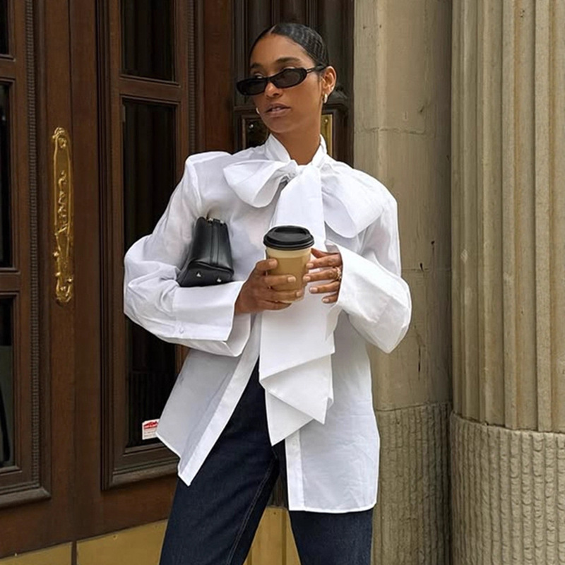 French Elegant Bow Tie Shirt Women's 2025 Autumn New Cross-Border Temperament Loose Women's Shirt Wholesale