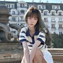 尚小曼韩系学院风POLO领短款条纹短袖T恤女显瘦减龄艺术生上衣潮