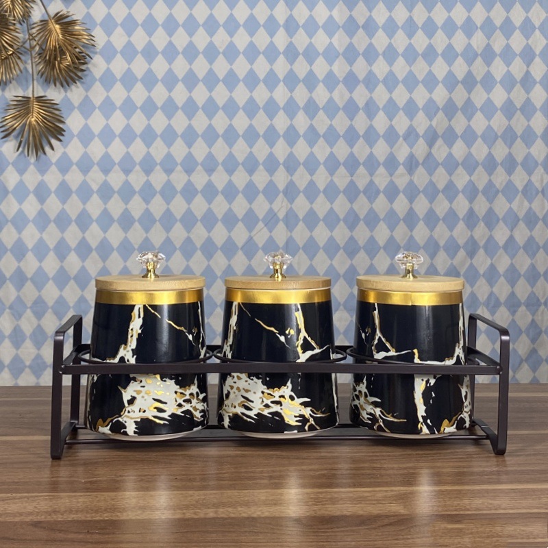 Tanque de condimento de cerámica, tanque de sellado de cocina nórdica, cubierta de madera, tanque de almacenamiento de granos domésticos, conjunto de tanques de almacenamiento de cerámica de lujo ligero