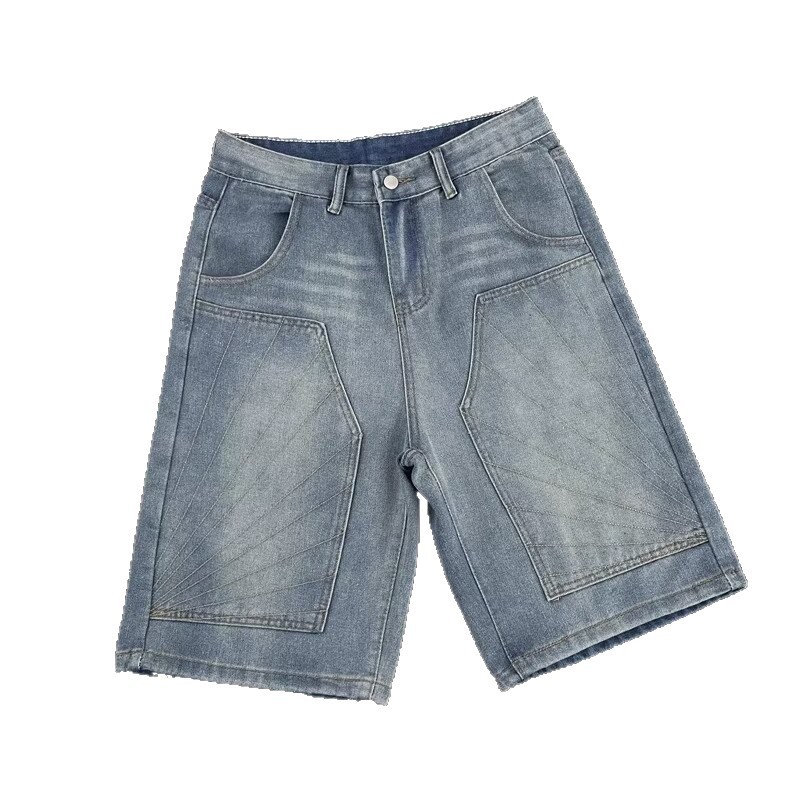 Men's Summer Distressed Denim Shorts Retro Trendy Loose Fit Straight Leg Five Point Mid Waist Long Cotton Jeans_mkmklike.com
