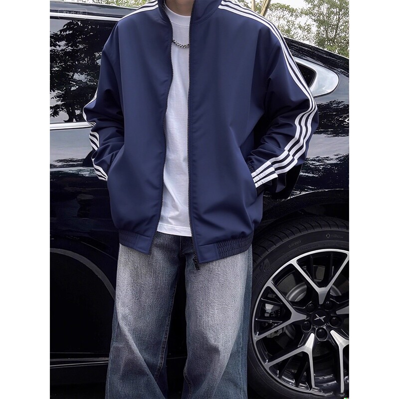 Dark Blue American Three-Stripe Jacket Men's Autum Outdoor Soft Shell Jacket Cleanfit Stripesd Sports Jacket