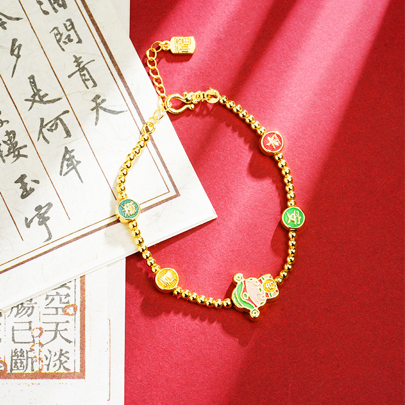 Brazalete de oro de arena vietnamita retro Ping An Joy esmalte goteo de aceite pequeño dios de la fortuna brazalete estilo nacional no se desvanece joyas