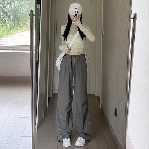 American Retro Work Pants for Women - Summer High-Waisted Wide Leg Casual Loose Slimming Military Green Quick-Drying Sports Pants
