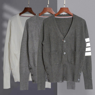 4-Button V-Neck Tb Knitted Cashmere Sweater, Same Style as He Ling, Women's Striped Yarn-Dyed Four-Stripe Slim Wool Coat Tb Cardigan