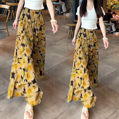 レトロな小柄なスタイルの花柄ワイドレッグパンツ女性の夏のハイウエスト大きいサイズルーズ痩身気質年齢軽減パンツ