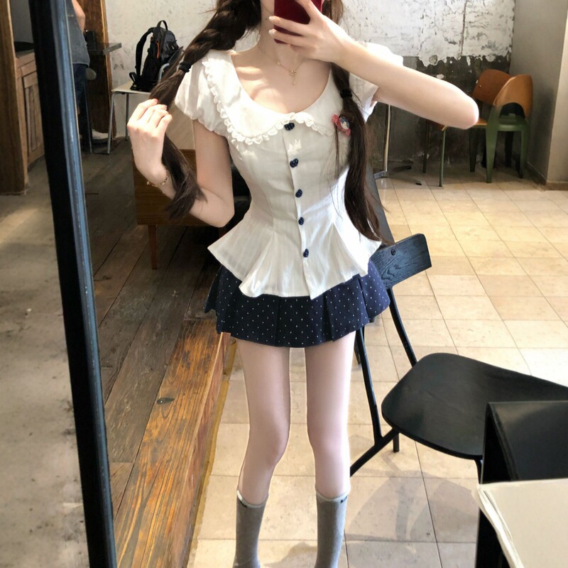 French-Style Sweet Doll Collar Waist-Tie Puff Sleeve Top for Women, New Spring/Summer Polka Dot Skirt Two-Piece Set French-Style Sweet Doll Collar Waist-Tie Puff Sleeve Top for Women, New Spring/Summer Polka Dot Skirt Two-Piece Set