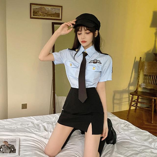 Police Uniform Suit Women's Summer College Style Short-Sleeved Shirt Professional Stewardess Tops