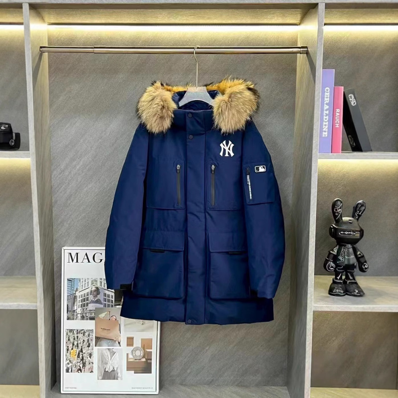 25冬季潮牌MLB男女情侣款防寒保暖连帽大毛领加厚工装羽绒服|undefined