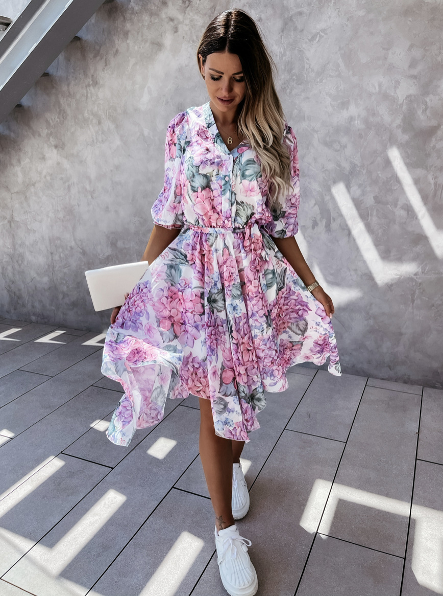 V-neck waist belt printing big swing dress NSYD50936