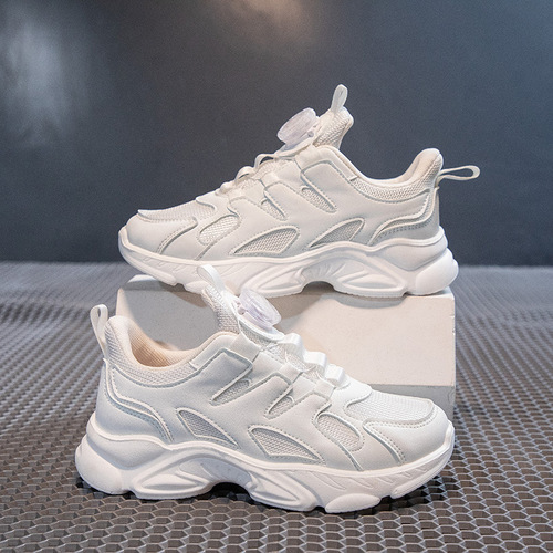 Children's shoes new all-season soft bottom rotation buckle white shoes for boys and girls, white father shoes for students