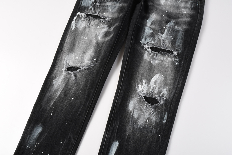 Men's Distressed Slim Fit Jeans Black Grey Washed Denim Pants with Paint Splatter And Knee Rips Streetwear Skinny Trousers_mkmklike.com