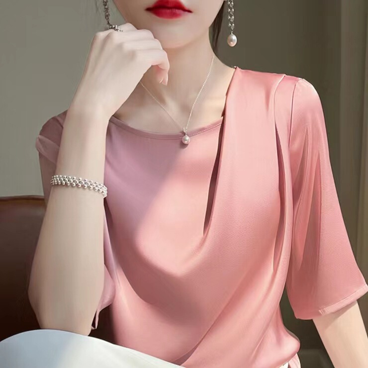 Cross-Border 2025 New Ice Silk Women's Clothing with Ruched Neckline Summer Women's T-Shirt Fashion Slim-Fit Top Clothing Vest