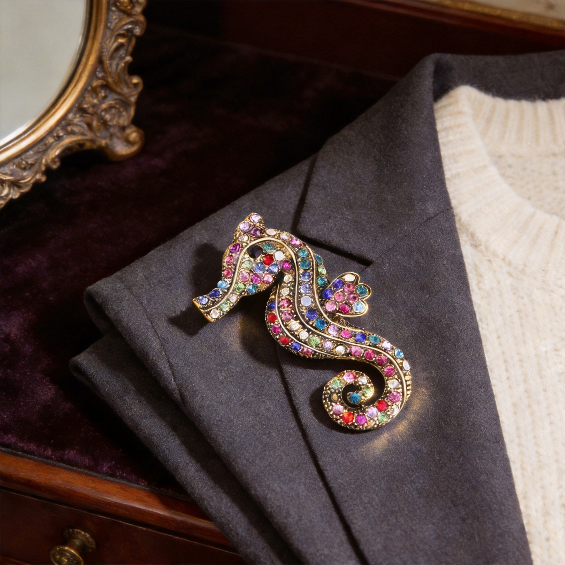 Broche rétro vintage colorée incrustée de diamants en forme d'hippocampe, accessoire de costume pour homme, pull ou manteau pour femme, bijou animalier polyvalent_voghion.com