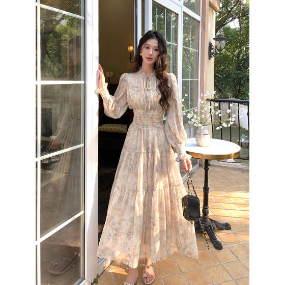 Thirteen Line Quality 2025 Spring French Floral Dress Chiffon Tea Break Long Dress High-grade Long Sleeve dress Women