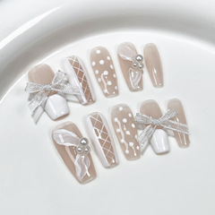 甜美可愛手工美甲貼片冰透法式中長款手工穿戴甲穿戴式指甲貼批發