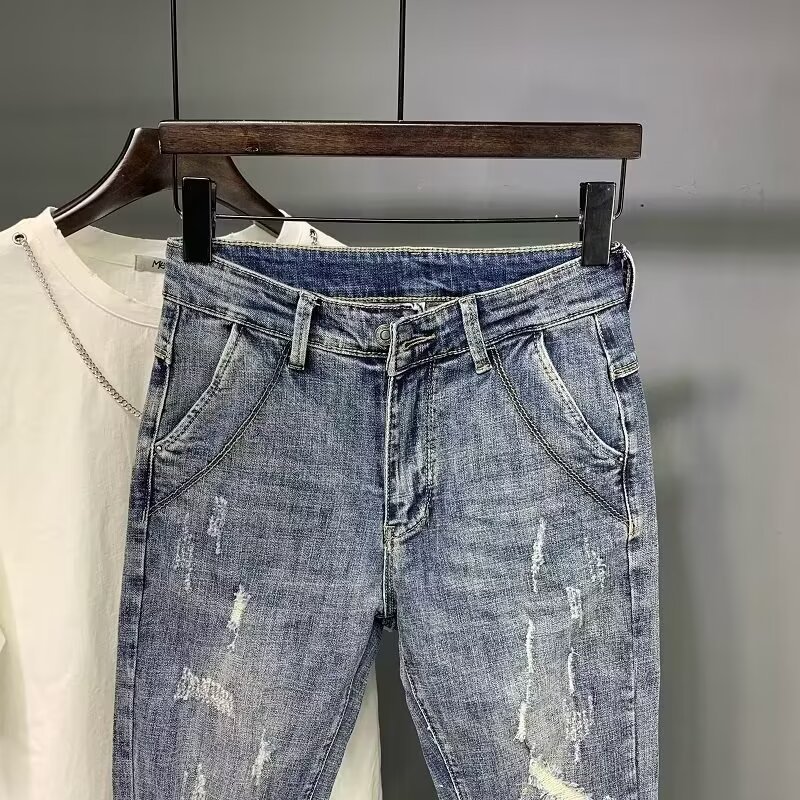 Men's Slim Fit Cropped Jeans Distressed Elastic Stretch Denim_voghion.com