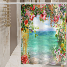 四季花海布浴帘浴室套装隔断帘免打孔防水布门帘短帘酒店浴室布帘