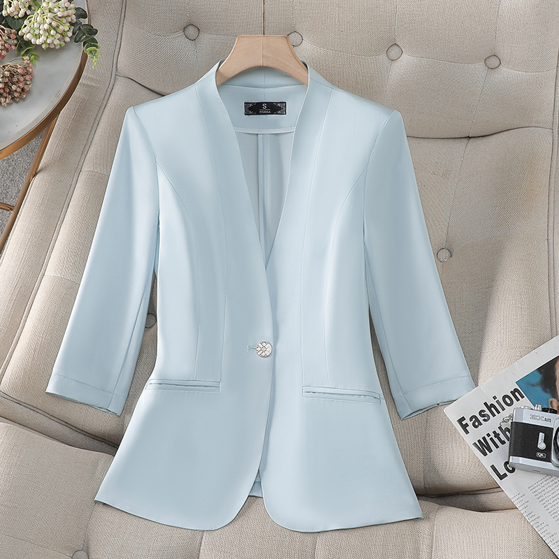 Blue Small Suit Jacket Women's Spring and Summer Thin 2025 New Mid-Sleeve Small Casual Slim-fit Suit with Seven-point Sleeves