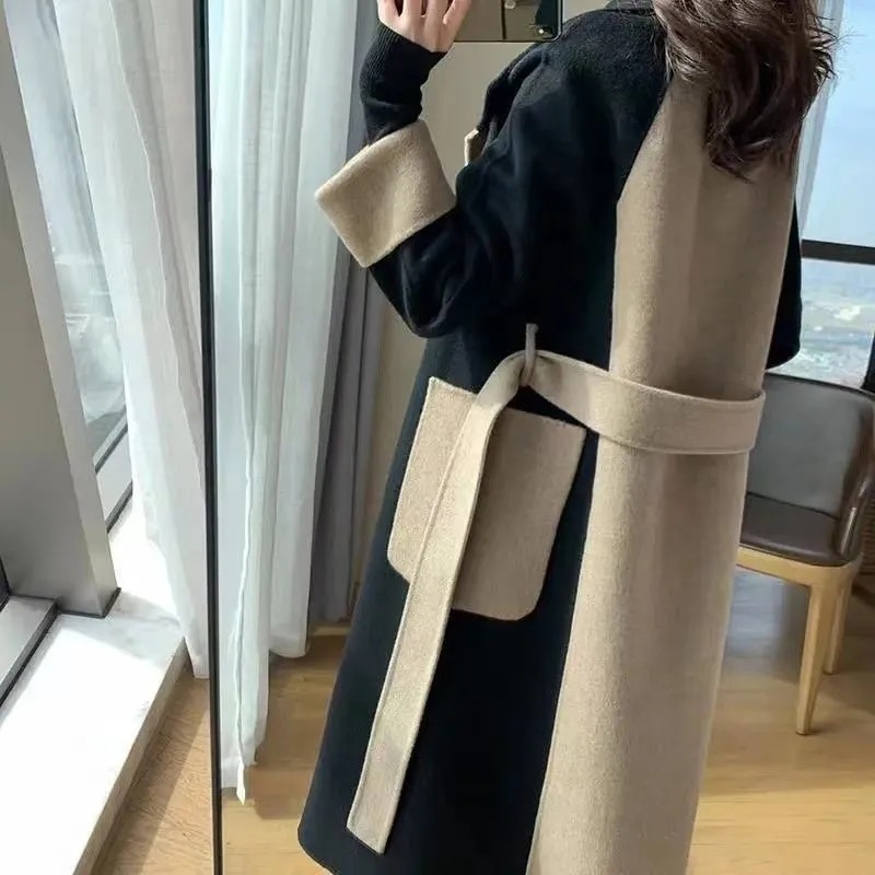毛呢外套女长款冬季新款双面仿绒羊毛拼色气质赫本风显瘦大衣|undefined