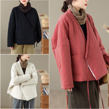 棉麻夹棉外套女冬季新款原创禅意女装国风斜襟系绳棉服外穿棉袄女