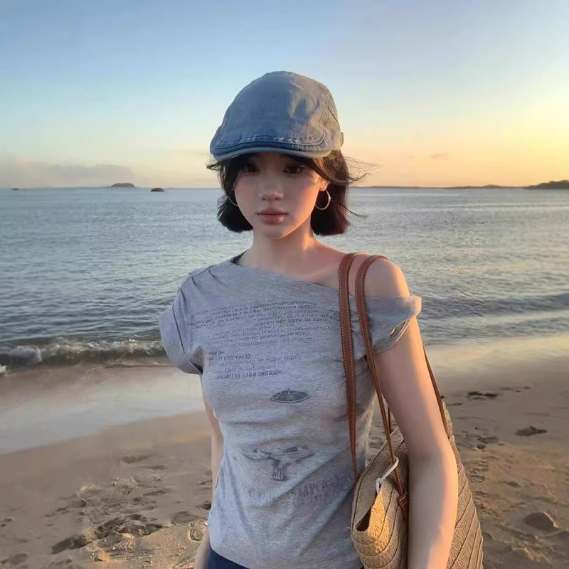 2025年夏新作 純綿 韓国風 スリムフィット イレギュラー セクシー オフショルダー 多彩に着こなせる グレー 半袖トップス|undefined