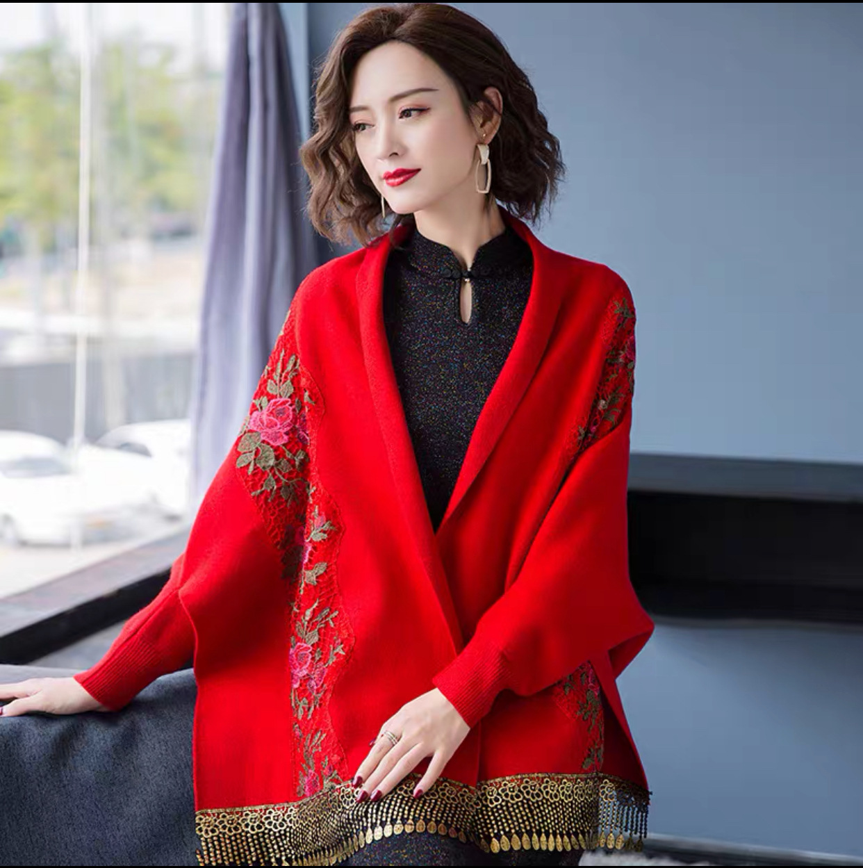 Pelerină tricotată cu ciucuri brodate, pelerină cu mânecă de liliac, pulover îngroșat, palton cardigan_voghion.com