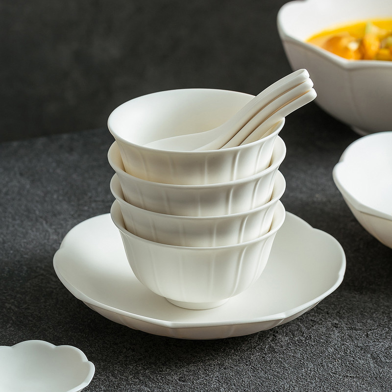 Dehua Jade Porcelain Ink Lotus Set Chinese-Style Household Ceramic Rice Bowls, Plates, Soup Bowls, High-End Exquisite Tableware Wholesale