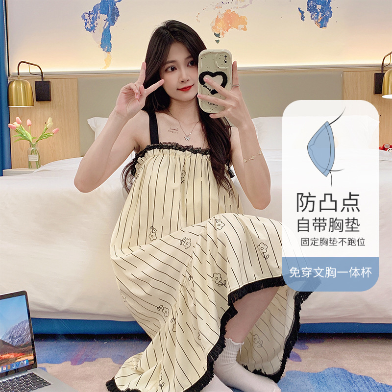 Verano 2024 con cojín de pecho pijama de niñas de algodón cabina pijama suelta dulce estudiante encaje ropa para el hogar