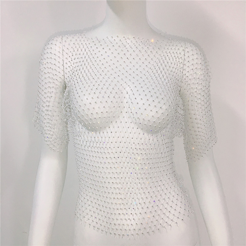 De Europa y América transfronteriza de las mujeres calientes de malla de diamantes de imitación red de pesca de manga larga Sexy Slim rhinestone Top party chica caliente de manga larga