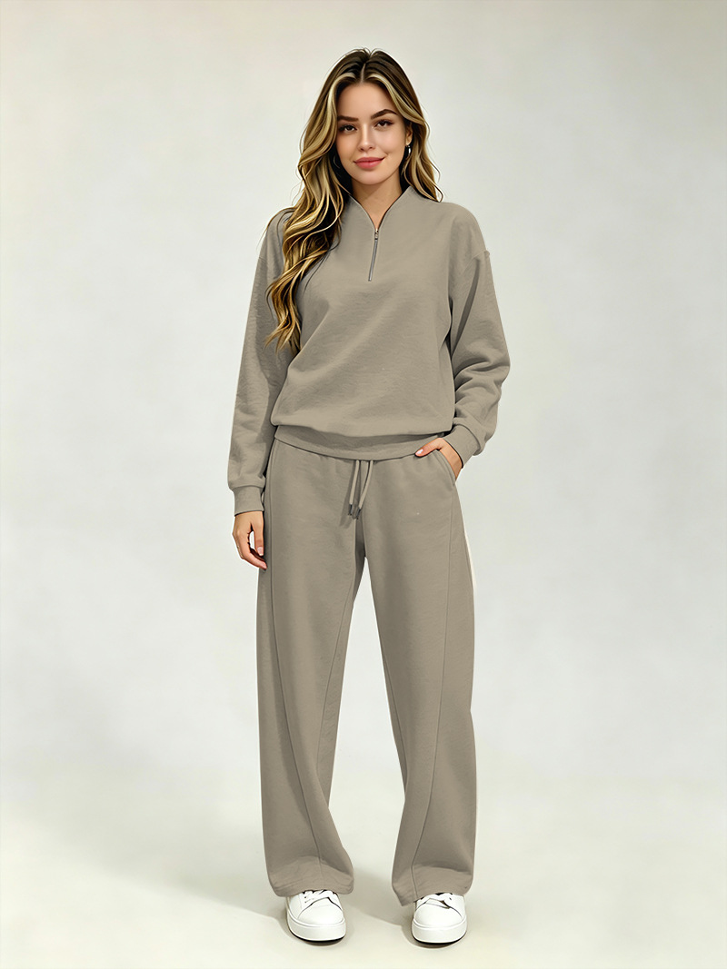 Women's Clothing Women's Fashionable Long Sleeved Sweatshirt Casual Trousers Set Style Autumn Half Open Collar Solid Color Loose Fit_ecoleips.com