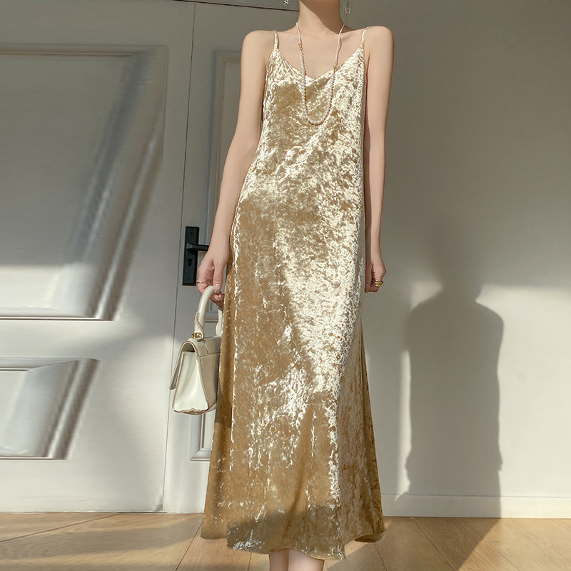 2024 Summer New V-neck Brick Flower Sling dress Elegant All-match Gold Velvet Long Skirt for Women