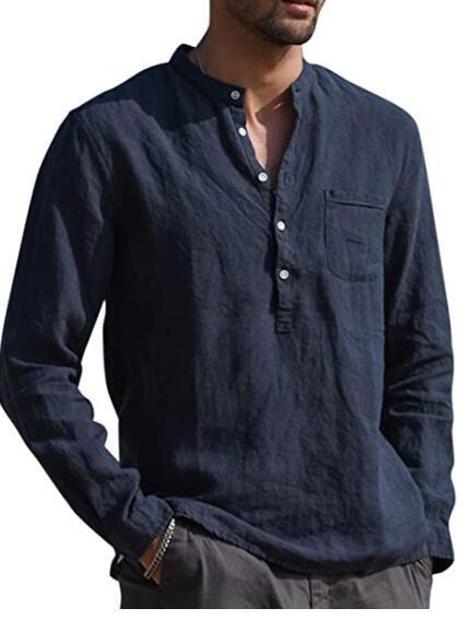 Herren Casual Hemd Mit V-ausschnitt Aus Baumwolle Und Leinen_voghion.com