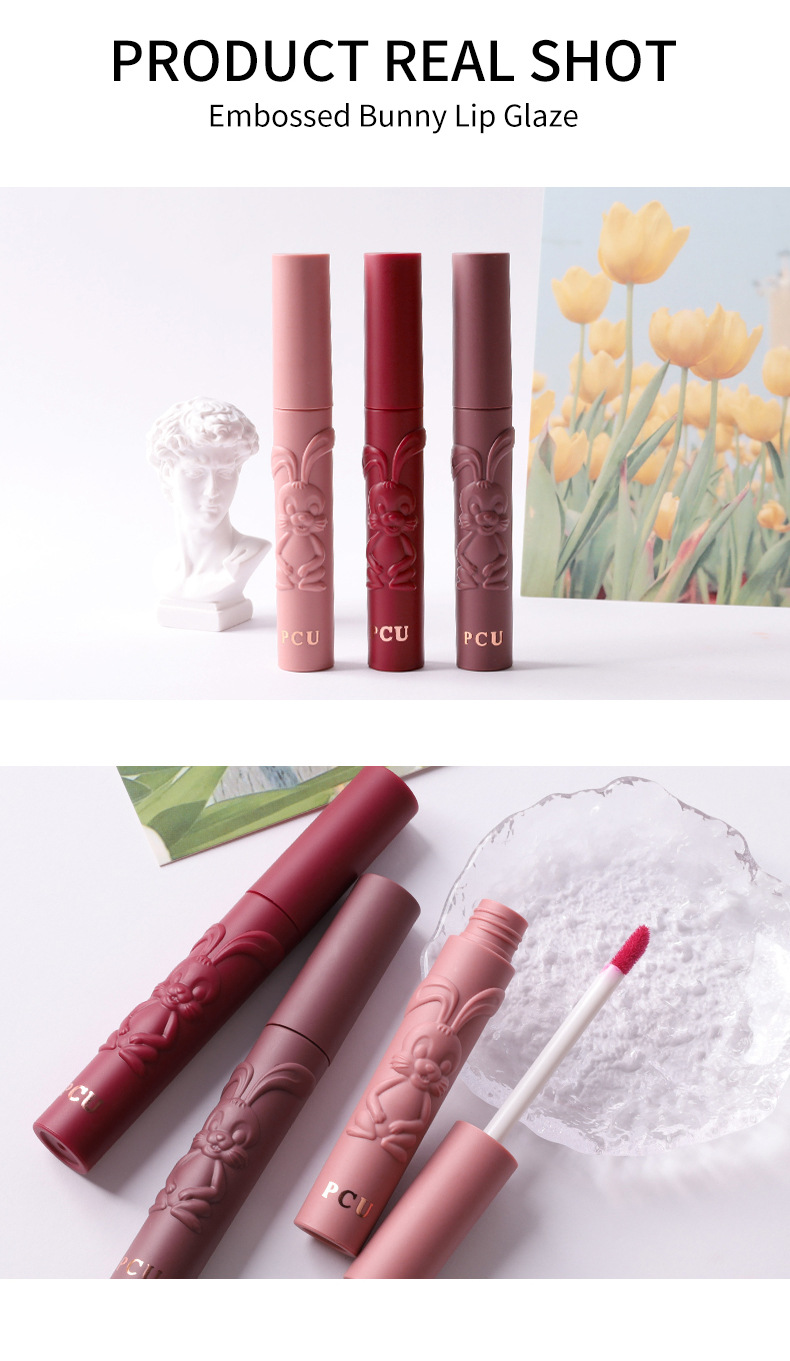 PCU Black Rabbit Embossed Matte Air Lip Gloss Velvet Matte Non-Stick Cup Milk Cream Lip Paste does not dry out, whitening lip makeup undefined