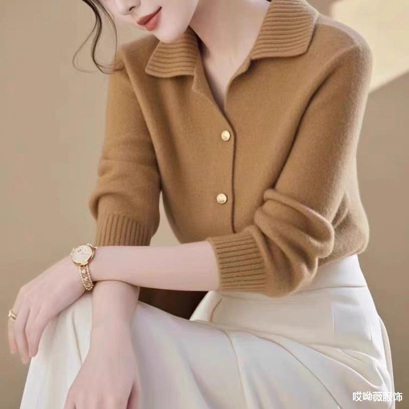 休闲翻领软糯针织开衫女复古风上衣女早秋保暖显瘦长袖毛衣外套服