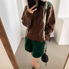 复古风菱格针织开衫秋冬款个性毛边设计毛衣百搭时尚女装显瘦上衣