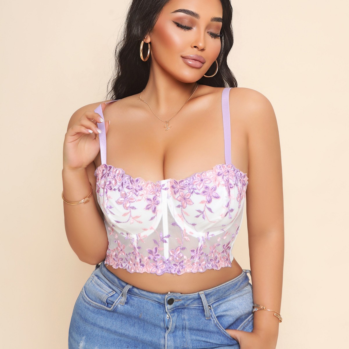 H430 European and American Plus-Size Spicy Girl Mesh Floral Embroidery Camisole French Style Outerwear Sexy Fishbone Bustier Wholesale