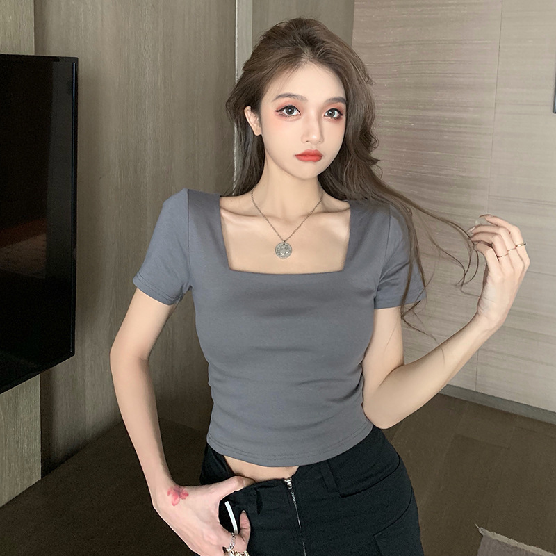 Sports T-Shirt for Women 2026 Tight-Fitting Bm Style Hot Girl Square Neck Short-Sleeved Bottoming Shirt Short Waist-Exposing Top for Women Sports T-Shirt for Women 2026 Tight-Fitting Bm Style Hot Girl Square Neck Short-Sleeved Bottoming Shirt Short Waist-Exposing Top for Women