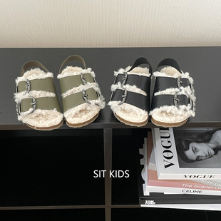 2024 autumn and winter new boys and girls fashion foreign style Mao Mao slippers Korean children's fleece-lined buckle sandals cotton shoes