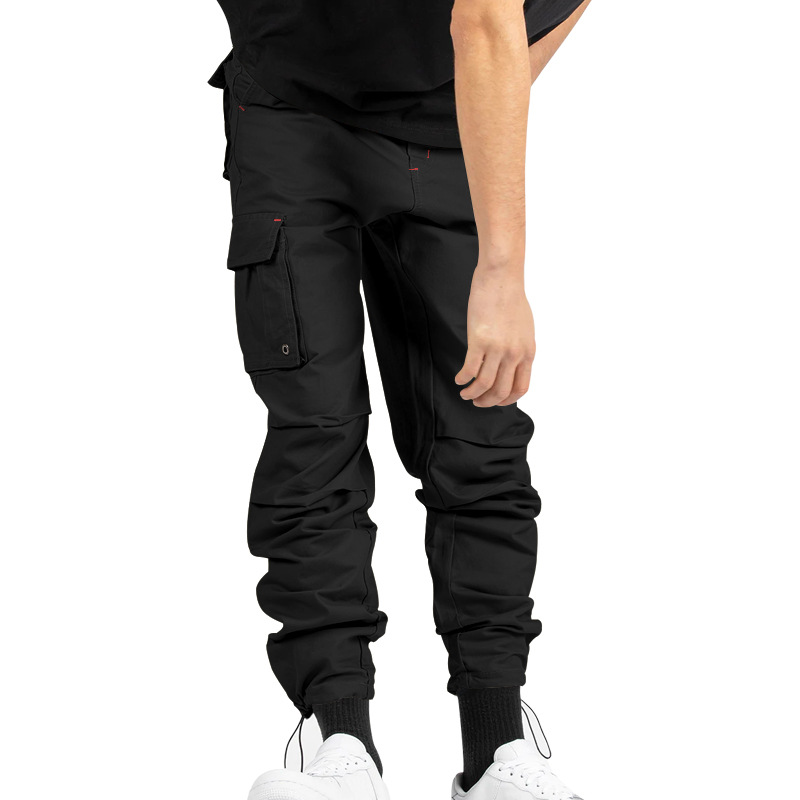 Herrenbekleidung Gewebte Stoffhose mit Kordelzug und mehreren Taschen, einfarbig, lässige Arbeitshose_voghion.com