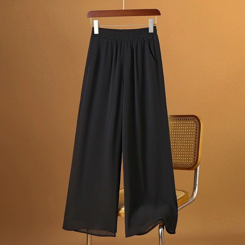 女性用ホワイトシフォンワイドレッグパンツ、ゆったり9点ドレープ、大きいサイズの薄手パンツ、ストレートレッグハイウエストカジュアルパンツ、夏用二重層|undefined