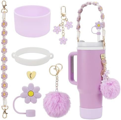 Nuevos productos Stanley taza de agua de mano cadena de taza de flores colgante de amor Begonia gorra de paja bola de peluche llavero