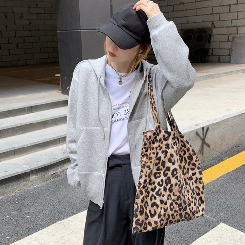 Women's gray hoodie outerwear, spring and autumn versatile, Korean chic, casual, small figure, Instagram trendy