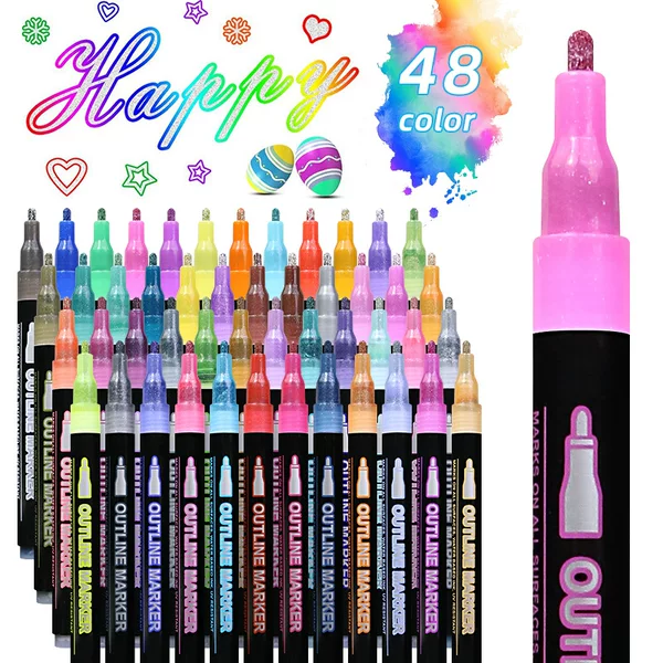 Children's Highlighter Two-color Contour Pen Color Bold DIY Quick-drying Marker Handbook Pen Plastic Double-line Pen Set