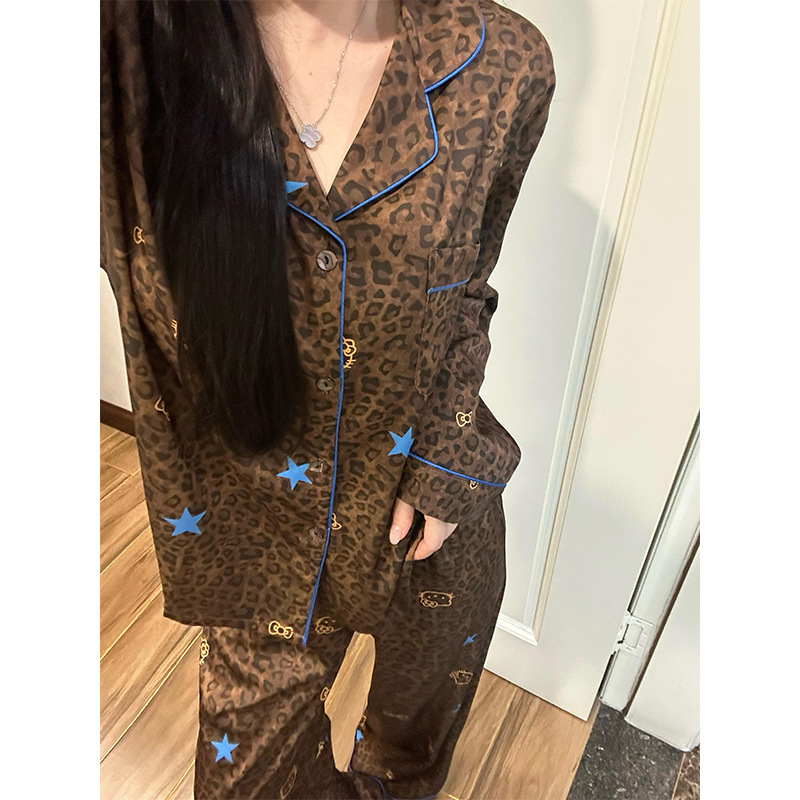 法式高级感豹纹Kitty印花睡衣女2025夏季大码长袖长裤家居服套装|undefined